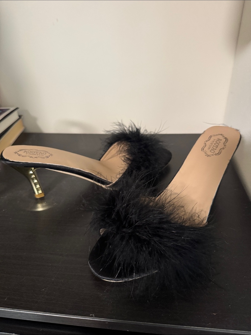 Kitten heel- black feather detail with Gold Heel